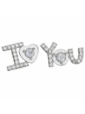 "I Heart You" Cubic Zirconia Silver Small Heart Love Cute Earrings